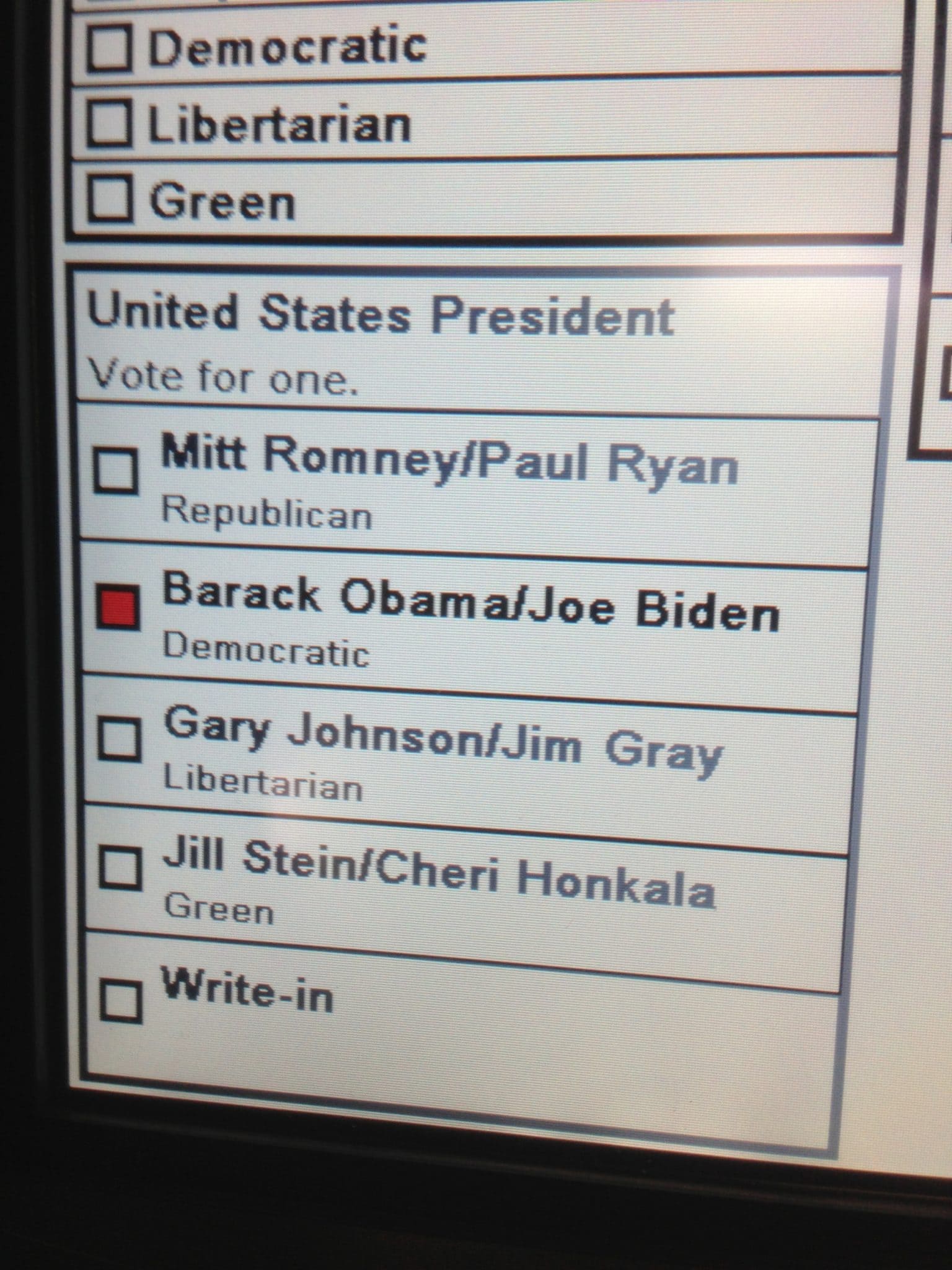 US election ballot showing candidates for president and vice president.