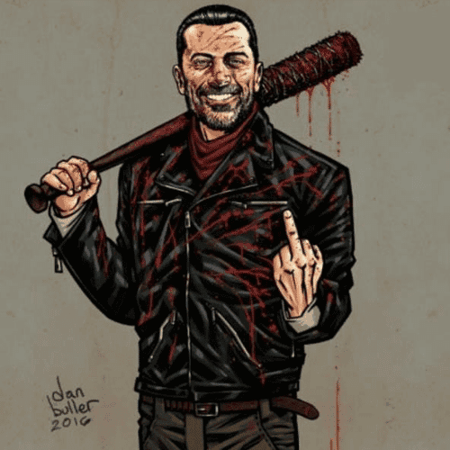 Digital illustration of a man with a baseball bat, smiling and showing middle finger, dark clothing,.