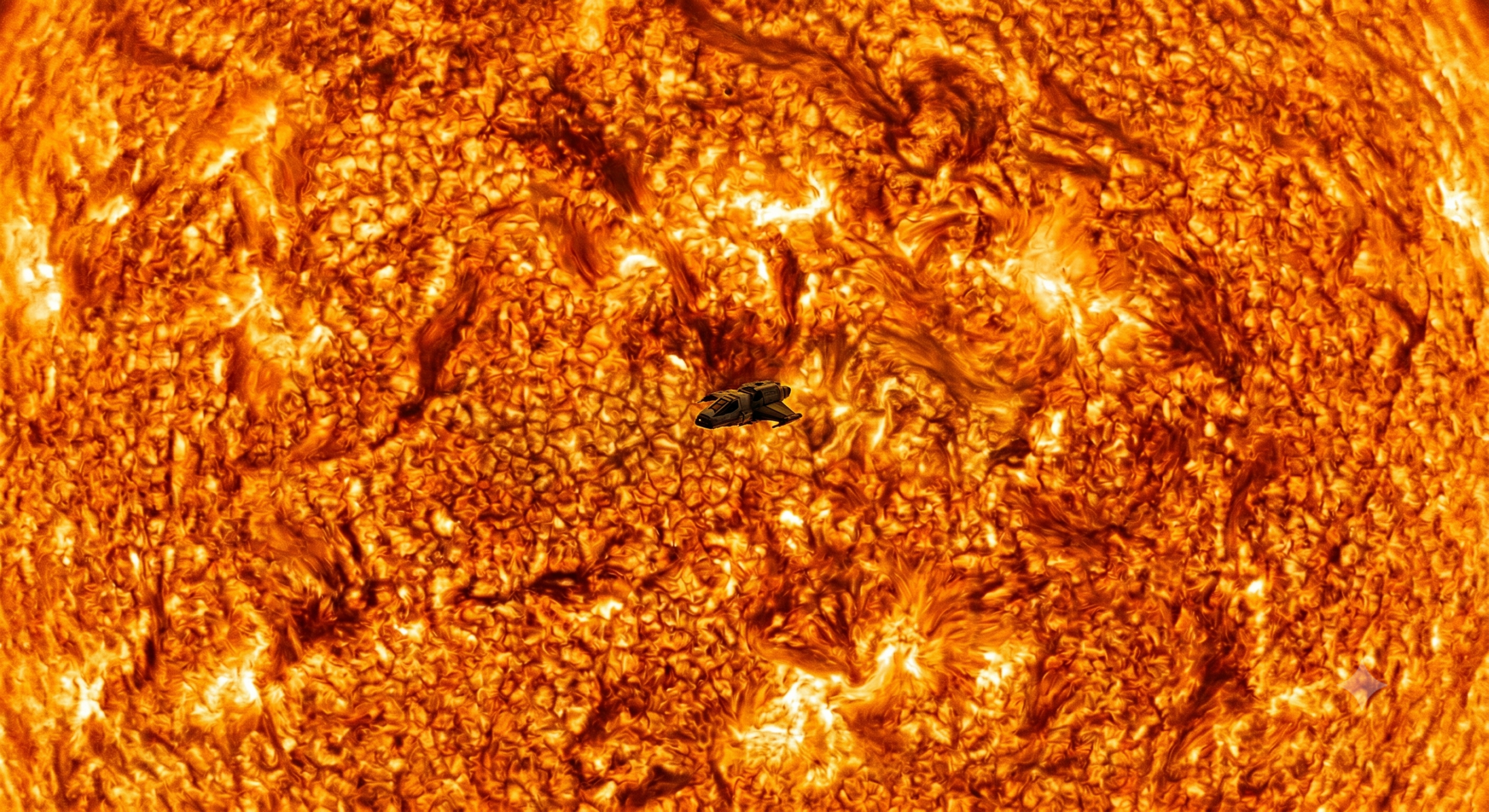 Sun's surface showing intense solar activity, sunspots, and solar flares in vibrant orange and yello.