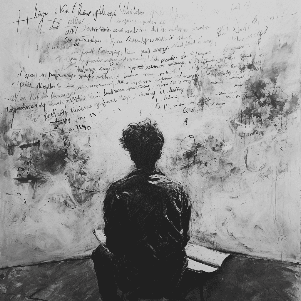 Person sitting and contemplating modern art in a gallery setting.