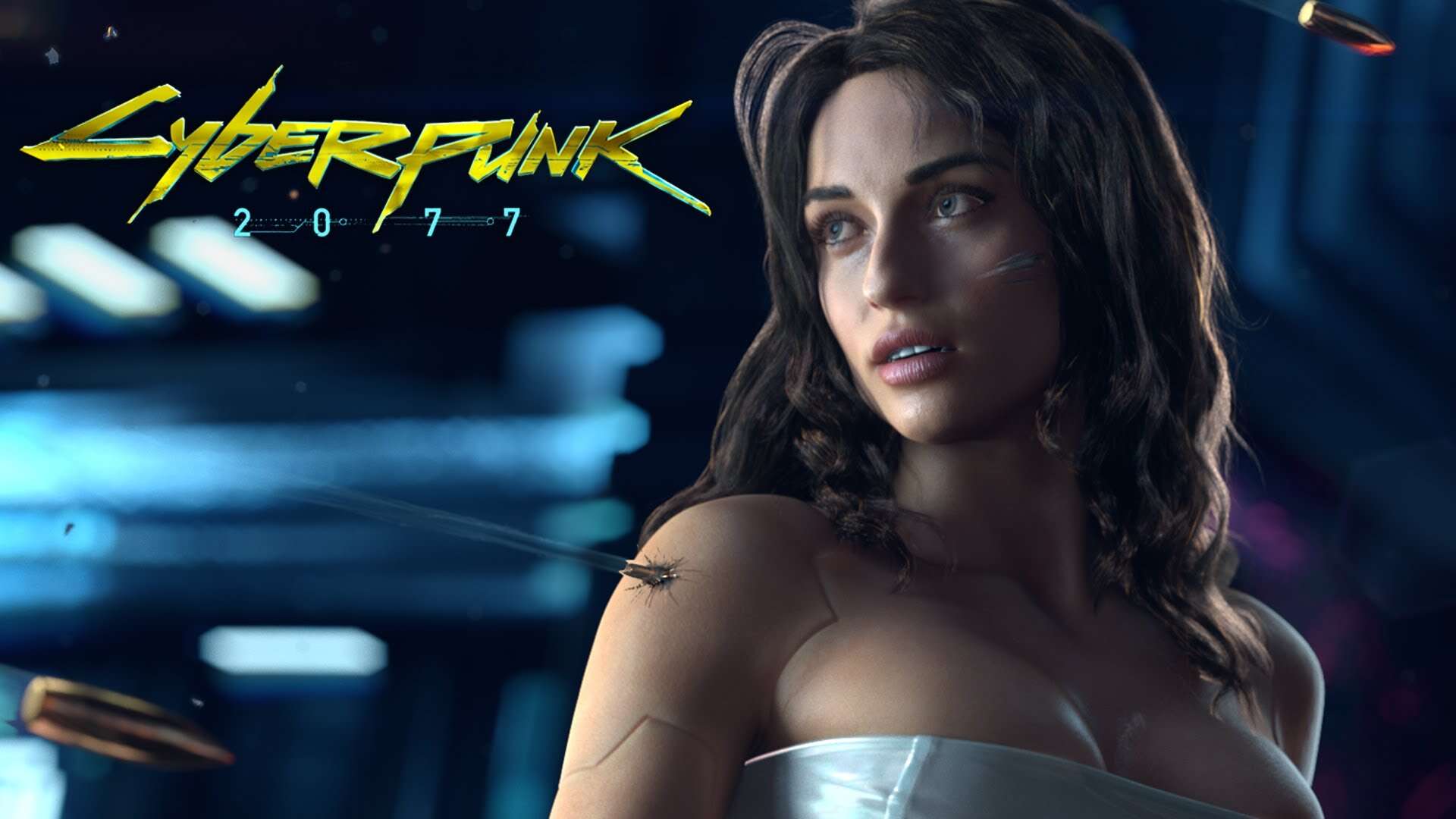 Futuristic woman with dark hair in a cyberpunk-themed environment, illuminated by neon lights.
