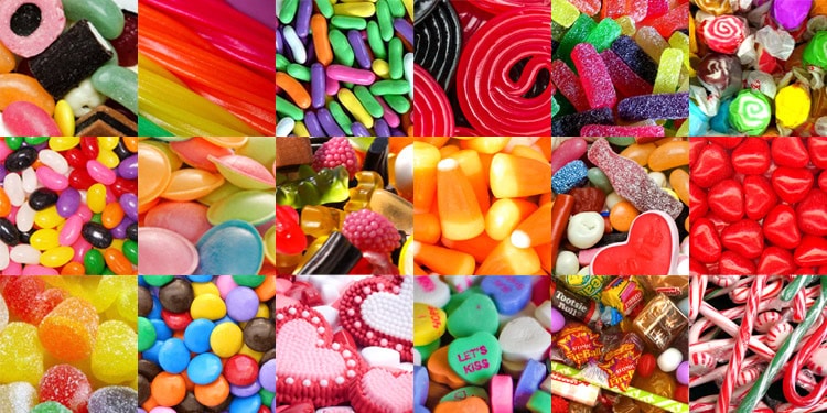 Colorful gummy candies and sweets for dessert or snacking.