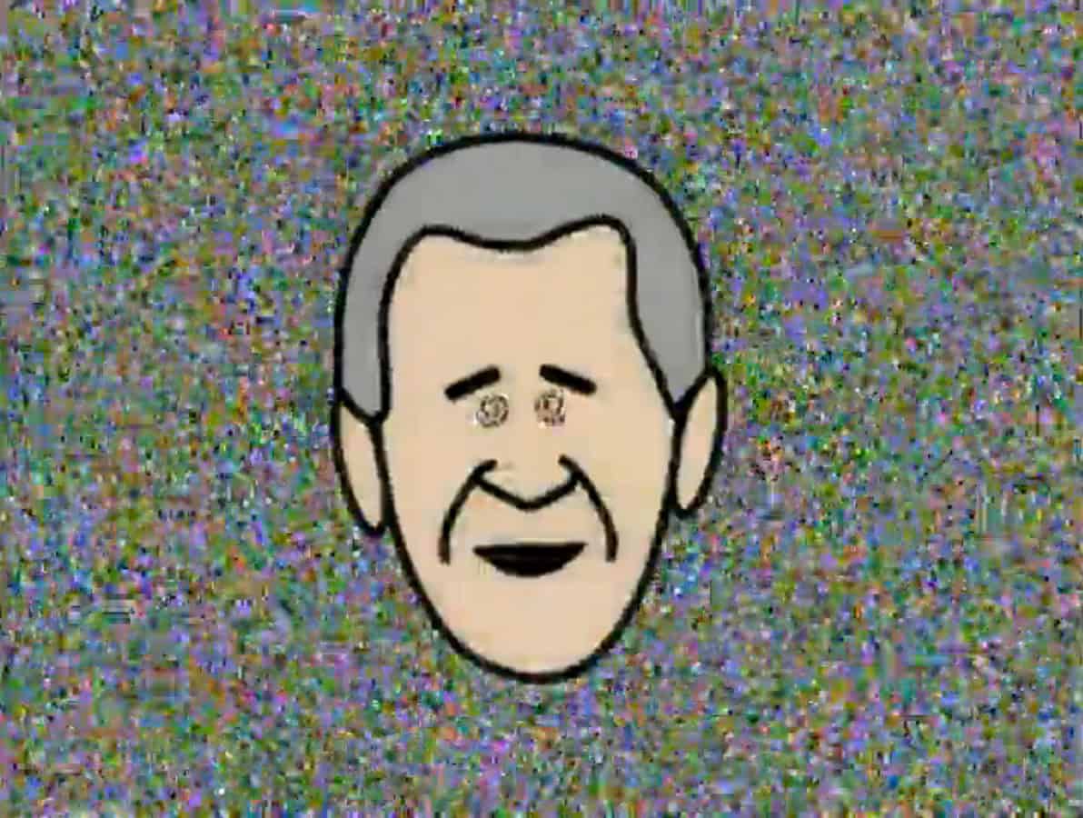 Cartoon elderly man's face with gray hair and sad expression.