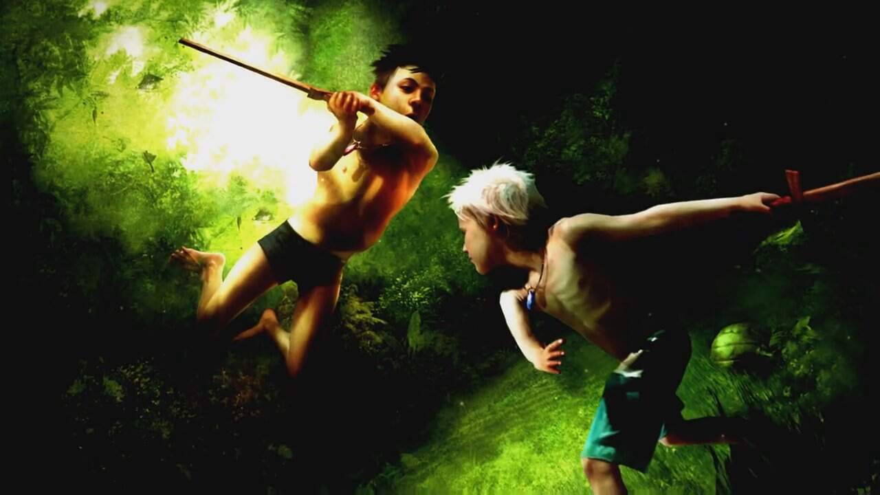 Two young warriors engaged in a sword fight in a green forest setting.