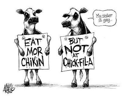 Humorous cartoon of cows protesting Chick-fil-A with signs about eating more chicken.