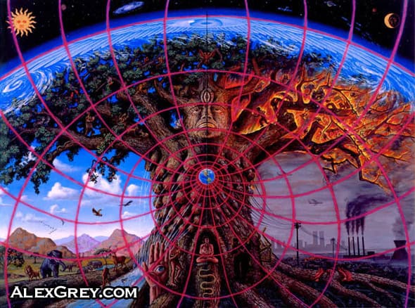Artistic depiction of Earth with interconnected lines and natural elements.