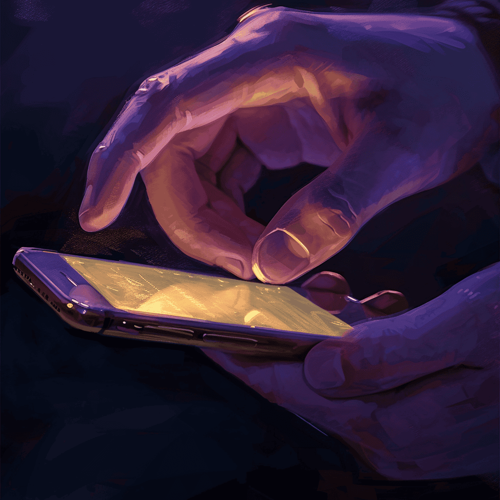 Person using smartphone at night, close-up of hands and device.