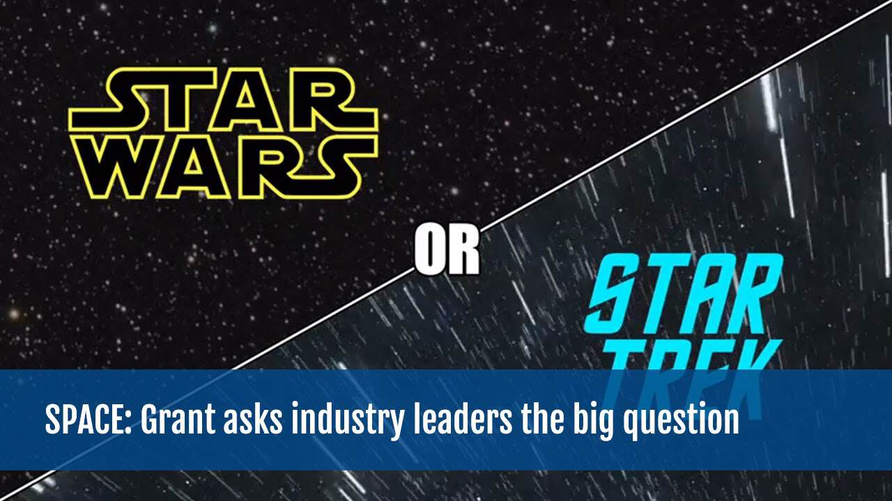 Star Wars and Star Trek logos with space background and industry question.