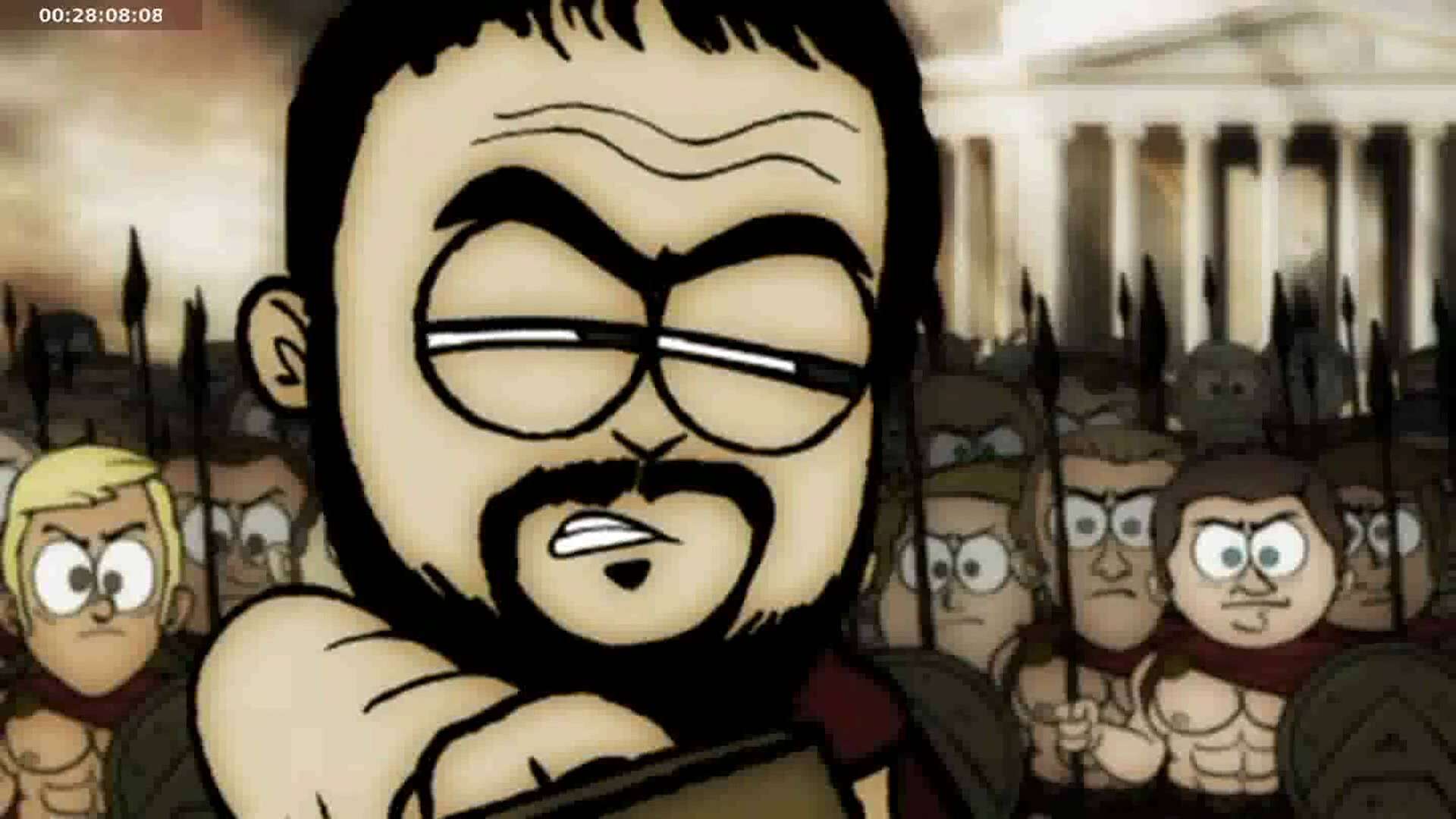 Cartoon character with glasses and beard in a historical battlefield setting, surrounded by soldiers.