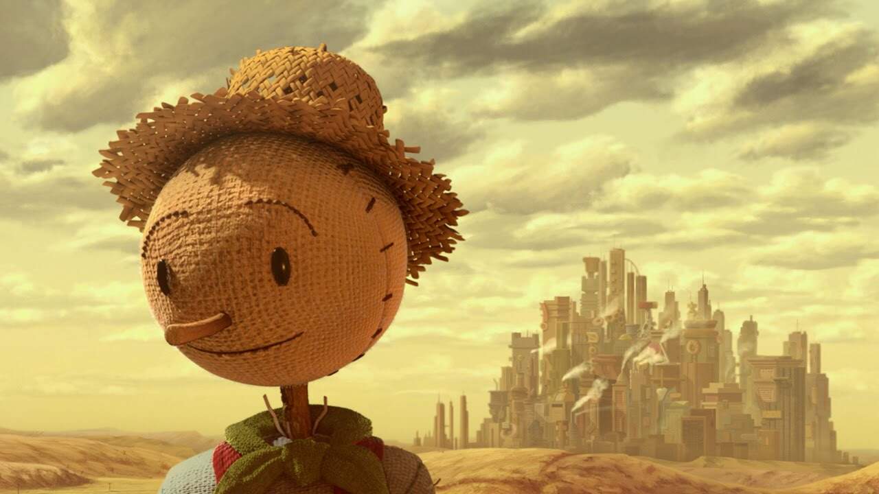 Crochet doll wearing a straw hat with a city skyline in the distance.