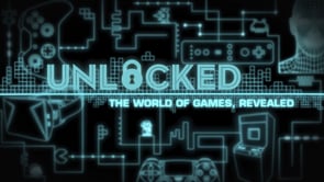 Digital network with gaming icons and the word "Unlocked" in neon style.